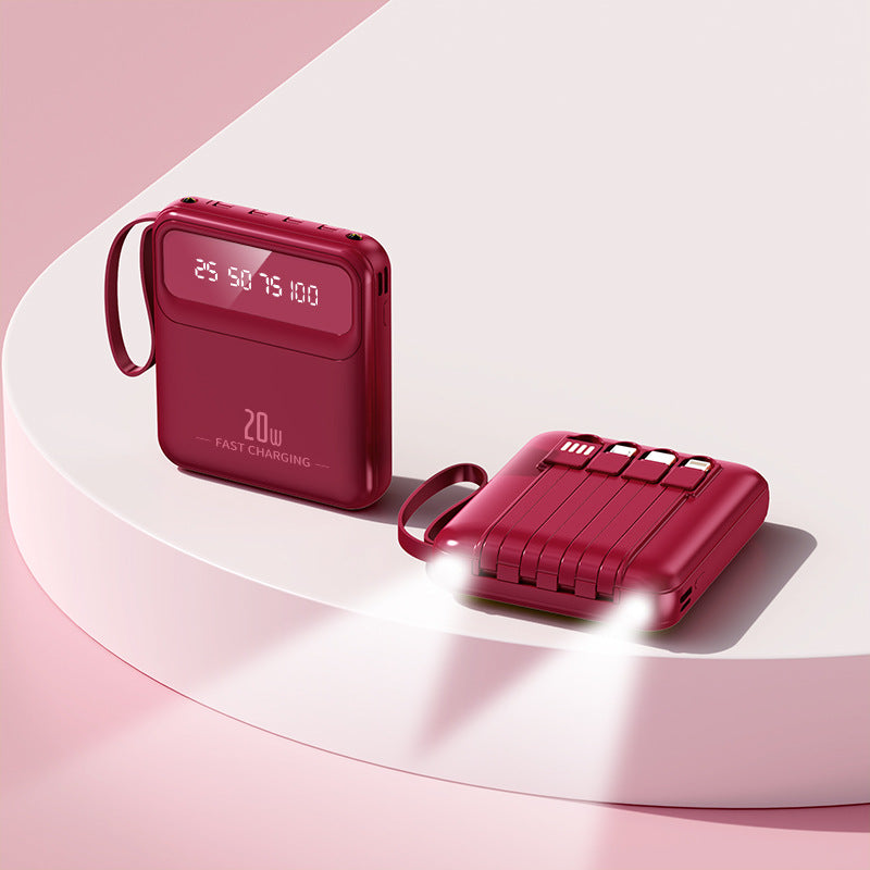 Mini powerbank 20 000 mah med inbyggda sladdar Röd