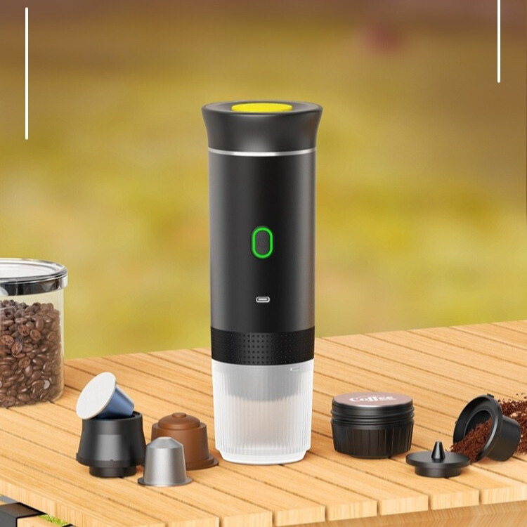 Bärbar espressomaskin för resor och camping – 3-i-1 funktion för kapslar, malet kaffe och pods