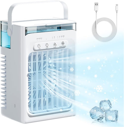 Mini Quiet Portable Air Conditioner 1000ml | USB Air Cooler | Cool Cooling Fan with Ice | 3 Speeds | Timer 2/4/6H | RGB LED Light Ideal for Bedroom/Office