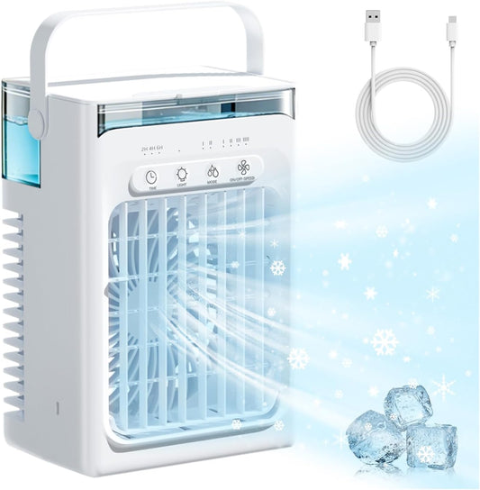 Mini Quiet Portable Air Conditioner 1000ml | USB Air Cooler | Cool Cooling Fan with Ice | 3 Speeds | Timer 2/4/6H | RGB LED Light Ideal for Bedroom/Office