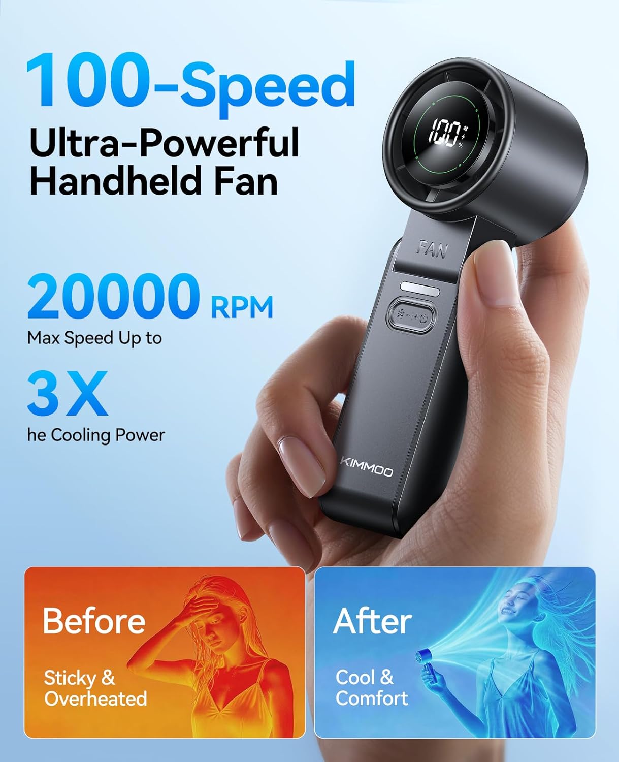 KIMMOO 3-in-1 Portable Handheld Turbo Fan-100 Speeds,Powerful 20000 RPM, 12Hrs Cooling, LED Display, 120° Rotation, USB Rechargeable Mini Hand Held Personal Fan for Travel Makeup Outdoor Indoor, Black