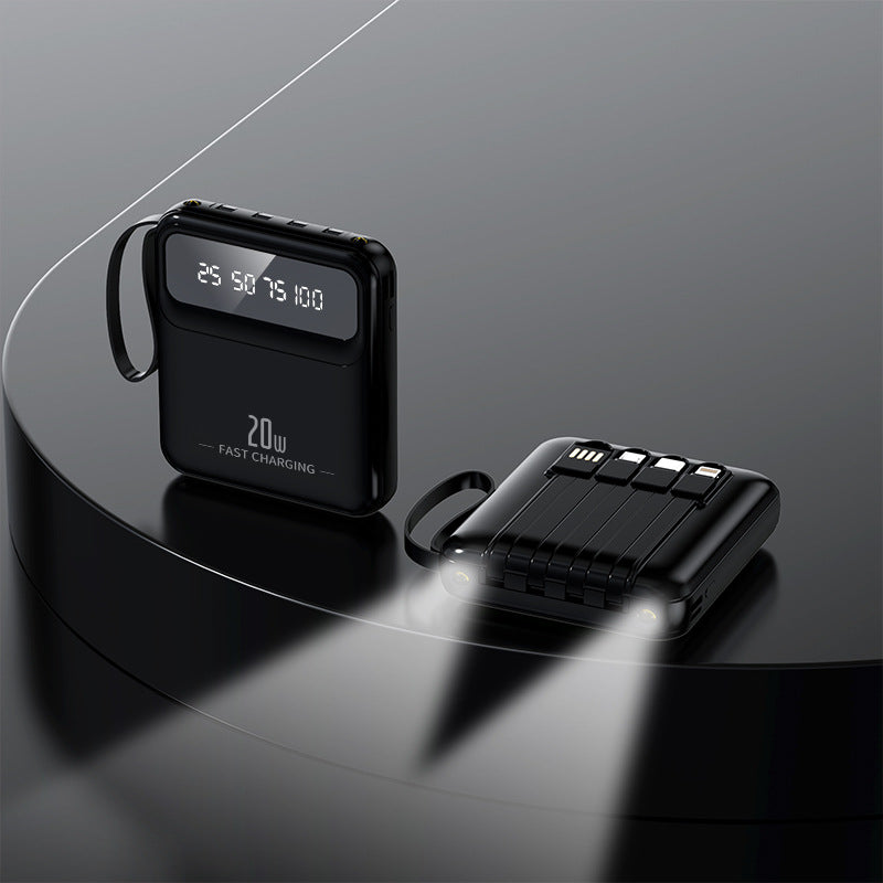 Mini powerbank 20 000 mah med inbyggda sladdar Svart