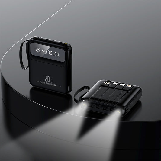 Mini powerbank 20 000 mah med inbyggda sladdar Svart