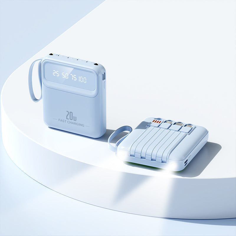 Mini powerbank 20 000 mah med inbyggda sladdar Ljusblå