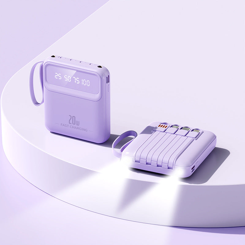 Mini powerbank 20 000 mah med inbyggda sladdar Lila