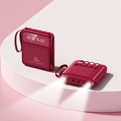 Mini powerbank 20 000 mah med inbyggda sladdar Röd