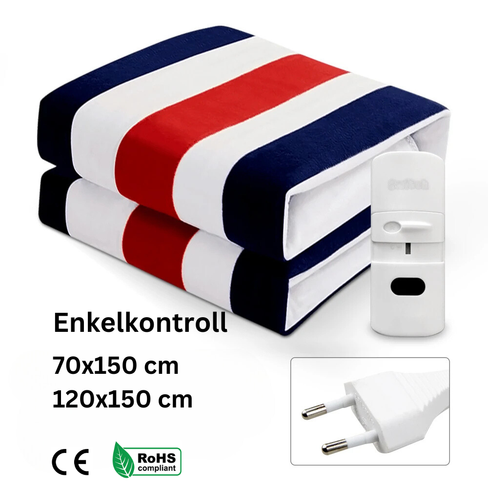 Eluppvärmt madrasskydd enkelsäng randigt blå vit röd